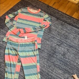 Kari Traa Kids Base Layers or Pajama Set in Coral and Teal Stripes